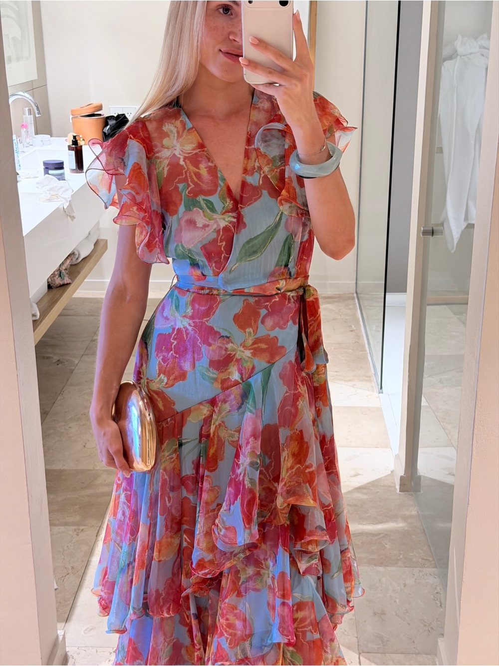 Hutch Floral Asymmetrical Wrap Dress in Sky Blue, Pink & Coral